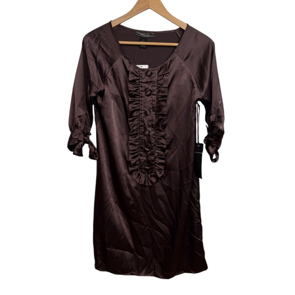 Vertigo Paris Dress Women S Brown Ruffle Front‎ Satin Tie Sleeve NEW Shirt Dress